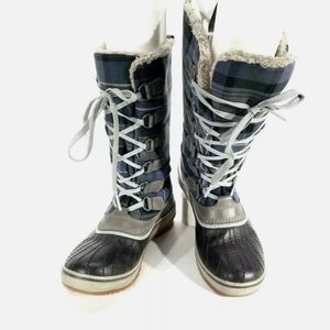 Sorel Trivoli Women's Sz 6 Blue Plaid Fleece Lined Waterproof Winter Snow Boots